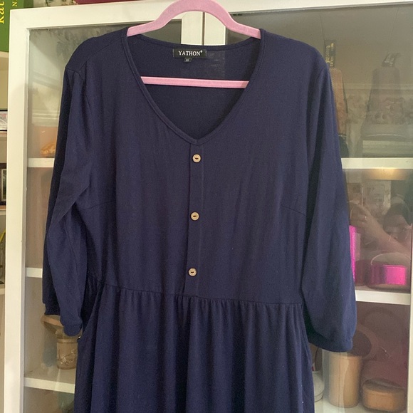 Navy Blue Cotton Blend A-Line Casual Dress with Pockets XL - Picture 3 of 4